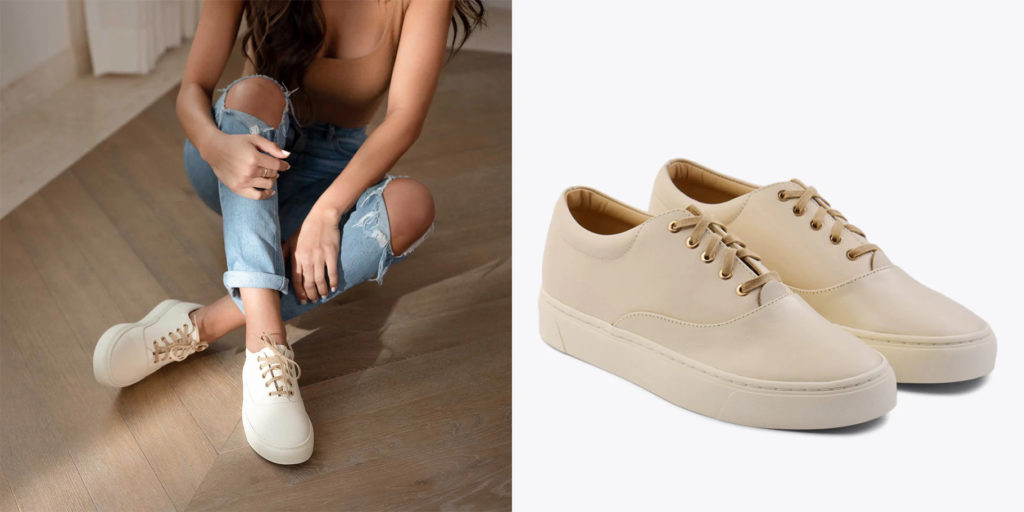 Close up of woman wearing the Nisolo Everyday Sneaker in cream (left) and a close up of a pair of Nisolo Everyday Sneaker in cream (right)