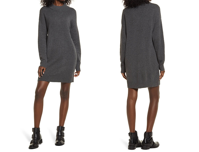Woman modeling the front and back of Easy Crewneck Long Sleeve Sweater Dress in charcoal grey