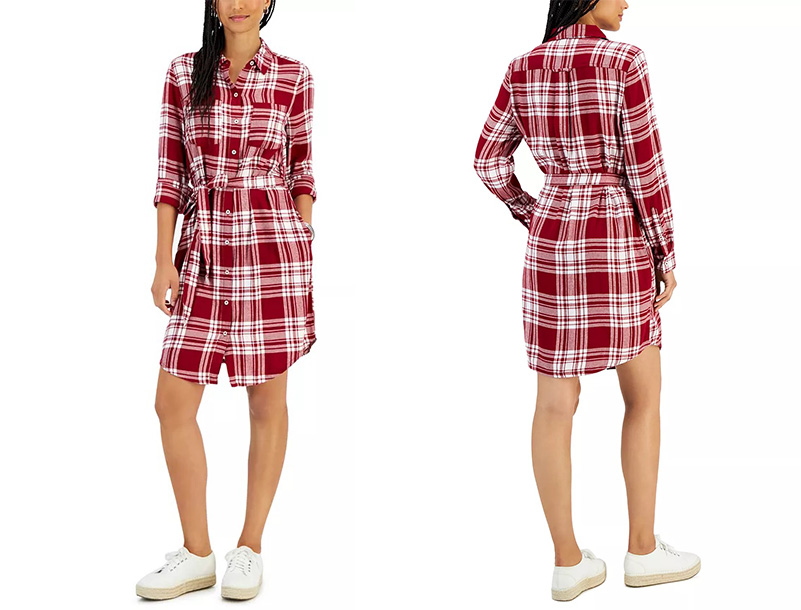 Woman modeling the front and back of Style & Co Plaid Shirtdress