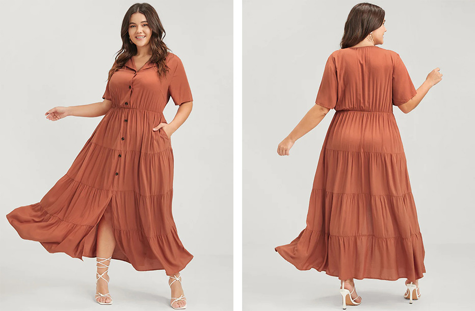 Woman modeling the front and back of the BloomChic Solid Button Maxi Dress in chocolate brown