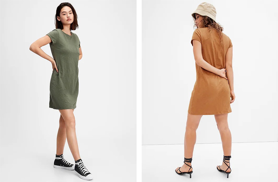 Two women modeling two different colors of the GAP Pocket T-Shirt Dress