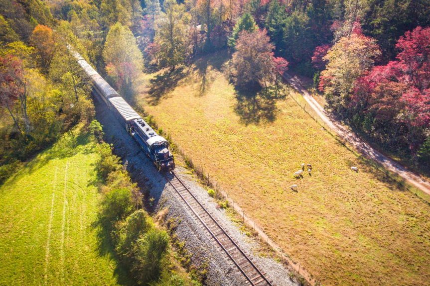 Aerial view of the Blue Ridge Scenic Railway in fall