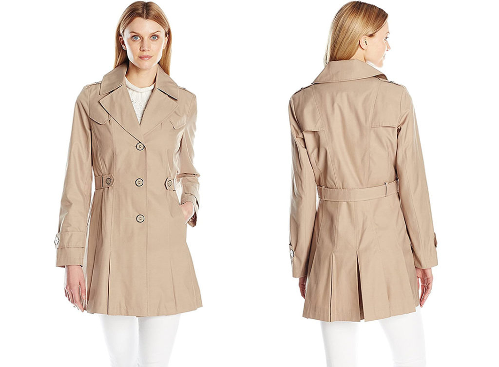Model showing the front and back of Via Spiga Women’s Single-Breasted Pleated Trench Coat in tan