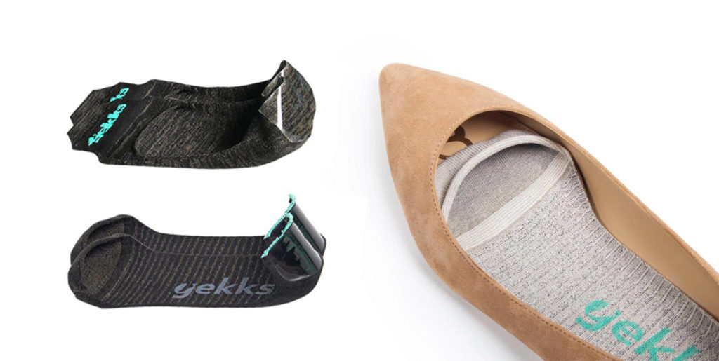Two sets of Gekks socks and a view inside of a shoe outfitted with Gekks