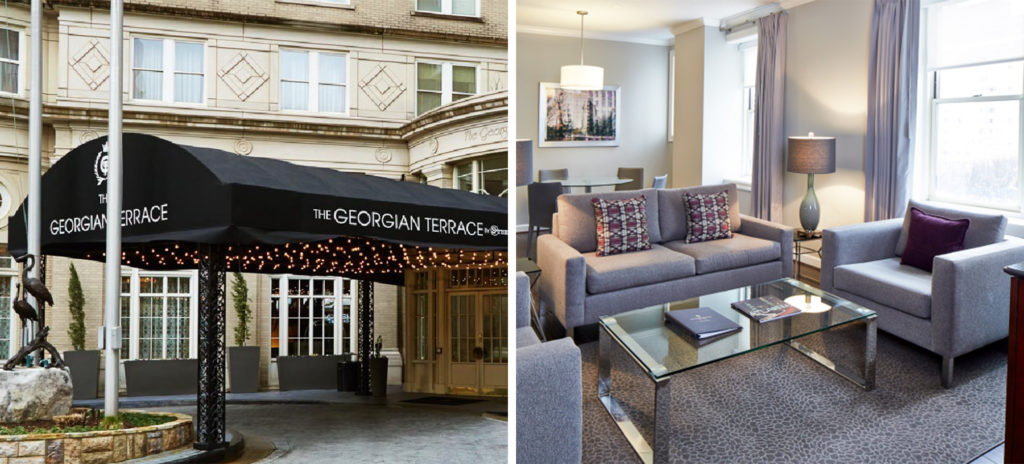 Front entrance of the Georgian Terrace (left) and interior seating area in a suite at the Georgian Terrace (left)