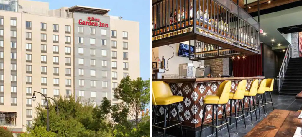 Exterior of the Hilton Garden Inn Downtown Atlanta (left) and bar and loft area at the Hilton Garden Inn Downtown Atlanta (right)