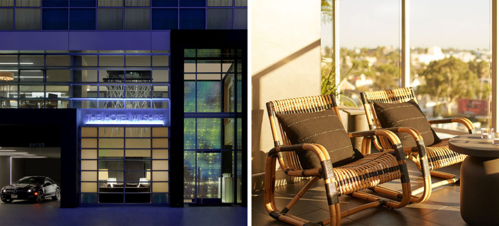 Exterior of The Hotel Wilshire in Los Angeles (left) and two chairs set next to large windows at sunset at the The Hotel Wilshire in Los Angeles (right)
