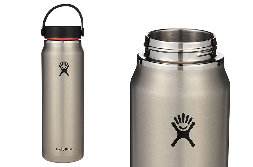 A silver Hydro Flask Lightweight Wide Mouth Trail Series (left) and a close up of the mouth of the silver Hydro Flask Lightweight Wide Mouth Trail Series (right)