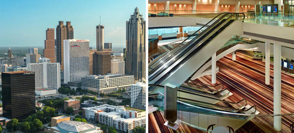 The Marriott Marquis in the Atlanta skyline (left) and interior multi-level lobby area with escalators (right)