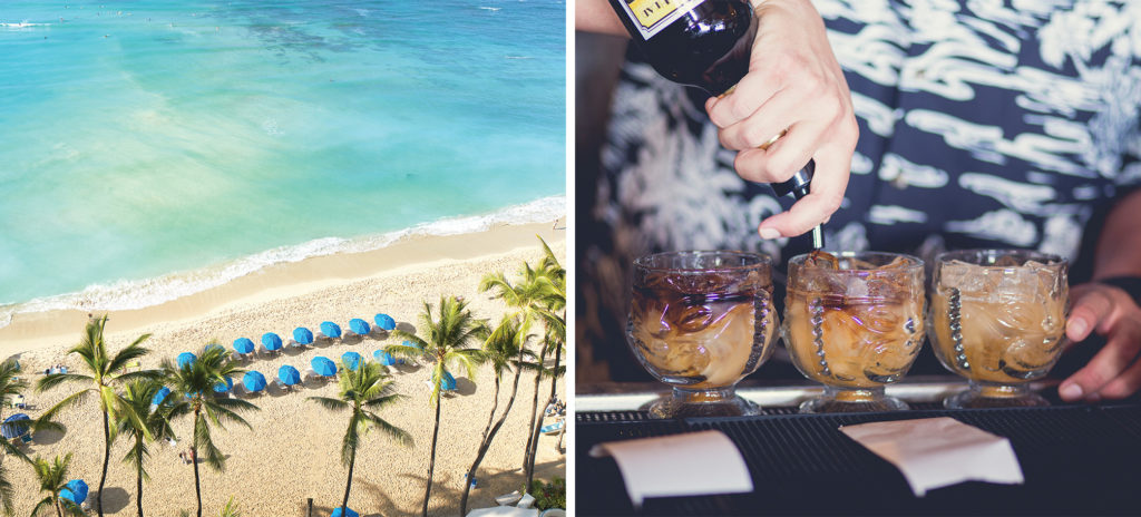 Beach surrounding Outrigger Waikiki Beach Resort (left) and close up of bartender's hands as they pour cocktails (right)