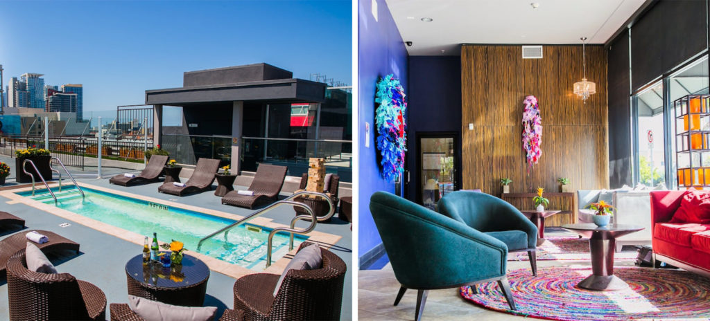 Rooftop pool area at the Porto Vista Hotel (left) and interior colorful sitting area (right)