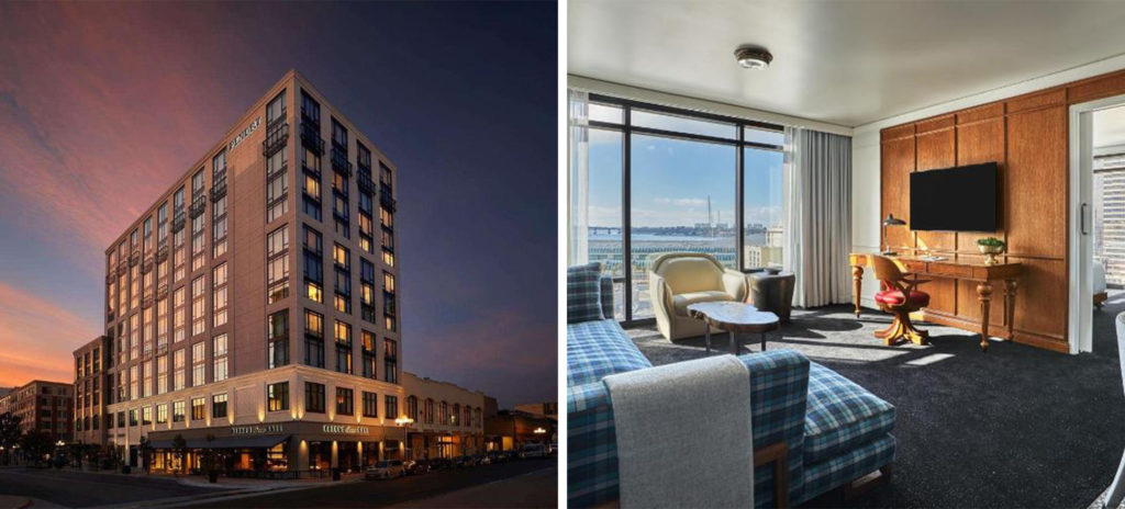 Exterior view of the Pendry San Diego  at dusk (left) and room at Pendry San Diego with window overlooking the city (right)