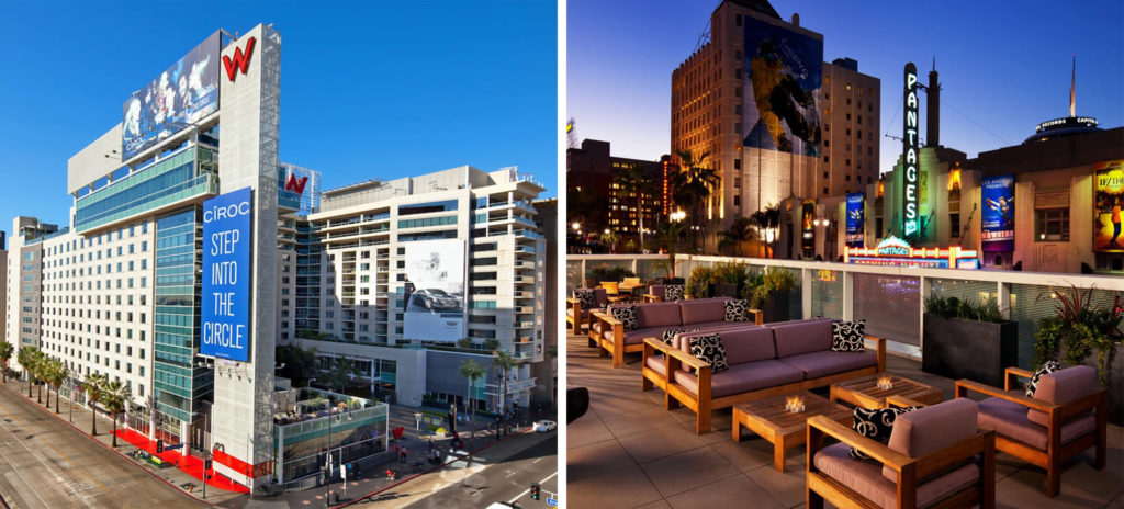 Exterior of the W Hollywood (left) and rooftop patio sitting area overlooking the adjacent street at dusk (right)