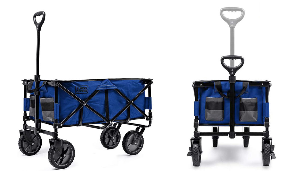 EmptyBLACK+DECKER Utility Wagon (left) and front view of the BLACK+DECKER Utility Wagon demonstrating the mobility of the adjustable handle (right)