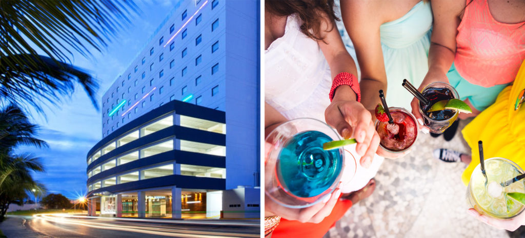 Exterior of Aloft Cancún in the evening (left) and top-down view of four people drinking colorful cocktails (right)