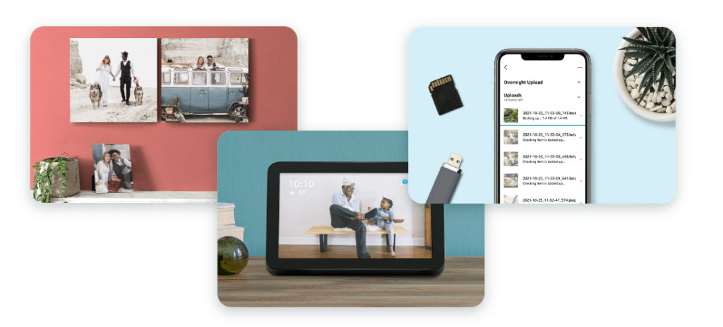Three images showing what you can do with Amazon Photos