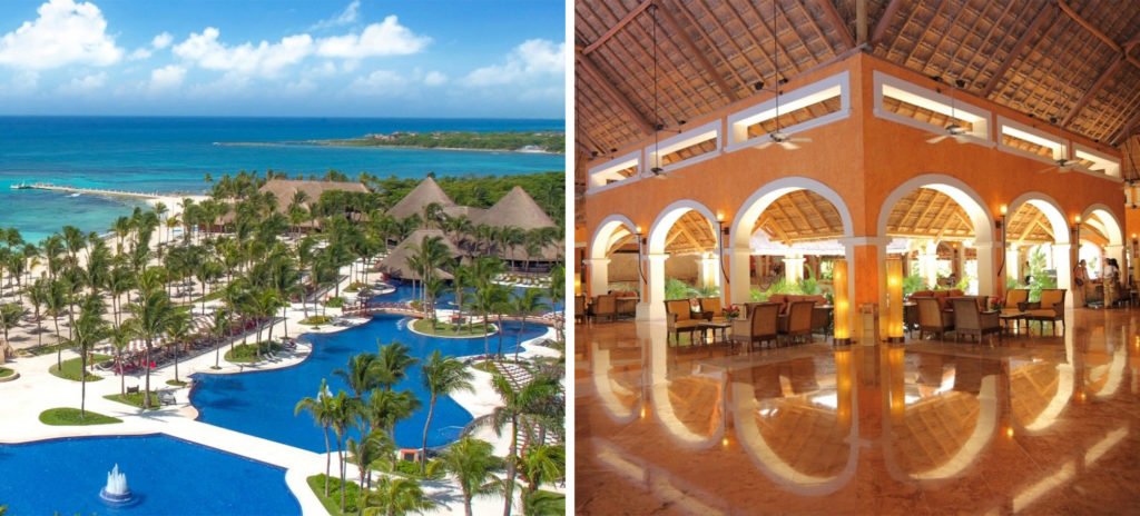 Aerial view of pool and bungalows at Barceló Maya Colonial All-Inclusive (left) and dining area and covered central patio (right)