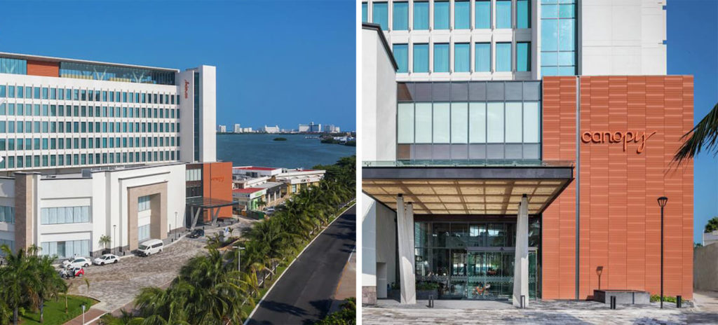 Aerial view of the property at Canopy by Hilton Cancún La Isla (left) and front entrance of the Canopy by Hilton Cancún La Isla (right)