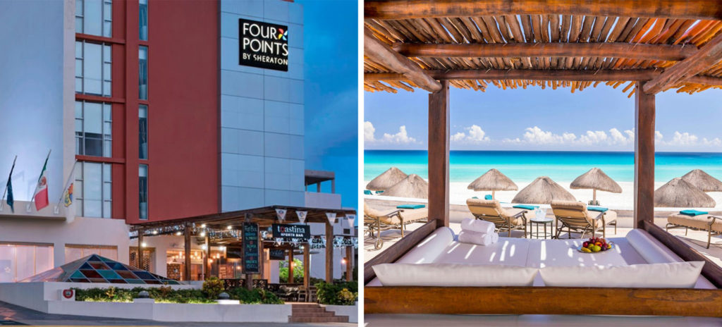 Front entrance of the Four Points by Sheraton Cancún Centro (left) and a daybed under a canopy overlooking the beach (right)