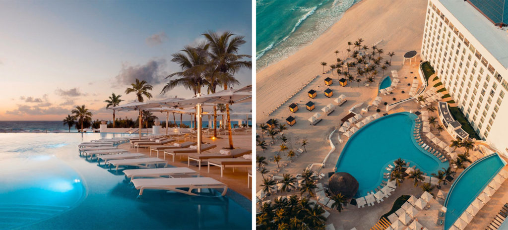 Loungers along the infinity pool at Le Blanc Spa Resort All-Inclusive Adults Only (left) and aerial view of Le Blanc Spa Resort All-Inclusive Adults Only and shoreline (right)