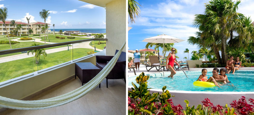 Hammock on patio with view of hotel grounds at Moon Palace Cancún All-Inclusive (left) and family swimming together in pool at Moon Palace Cancún All-Inclusive (right)