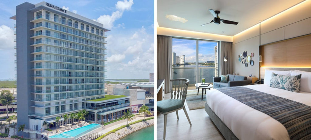 The front of the Renaissance Cancun Resort & Marina building (left) and interior of a room at Renaissance Cancun Resort & Marina (right)