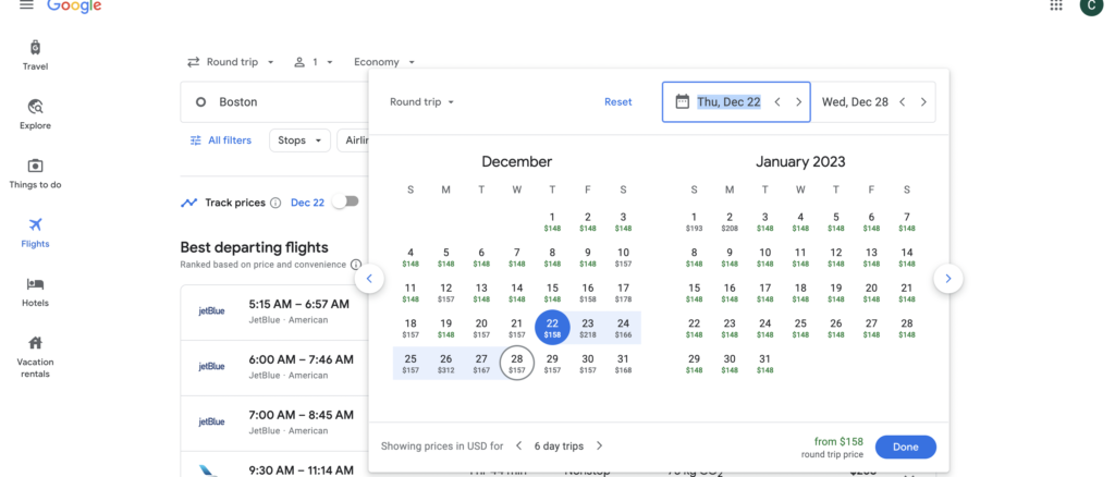Screenshot of a Google Flights search looking for flights over Christmas weekend 2022