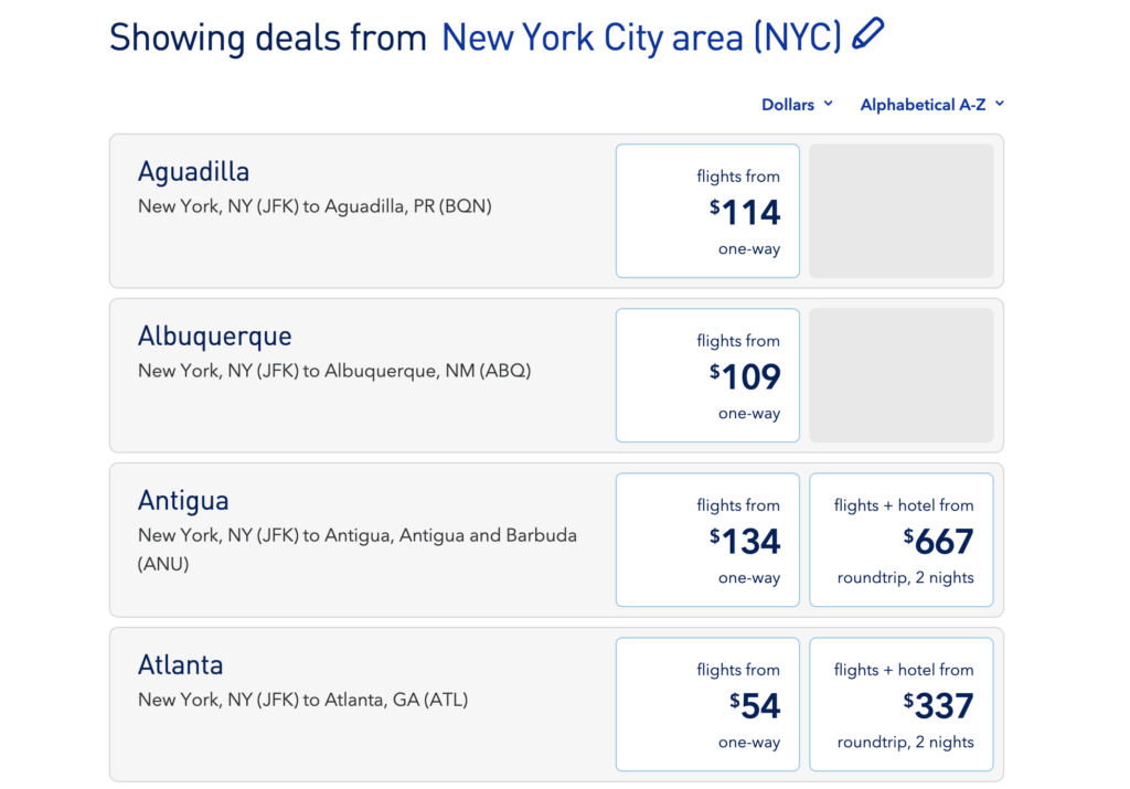 Screenshot of fare sales from JetBlue from the New York area