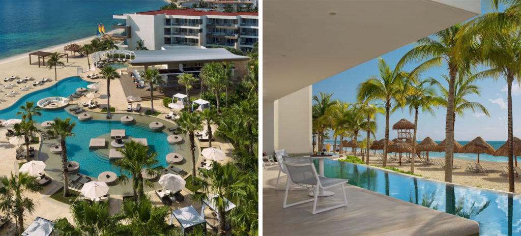 Aerial view of pool at Secrets Riviera Cancún Resort & Spa Adults Only All-Inclusive (left) and view from poolside patio out over the beach (right)