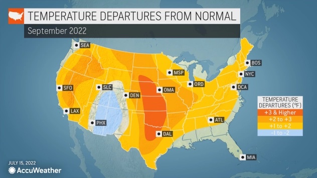 Map of the United States showing the difference from average seasonal temperatures for each region for fall 2022