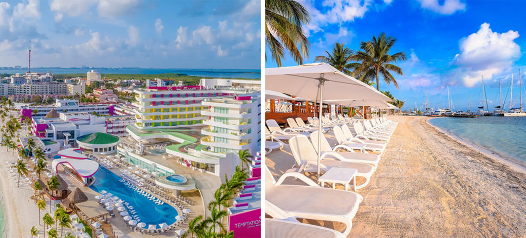 Aerial view of the colorful buildings at Temptation Cancún Resort All-Inclusive Adults Only (left) and lounge chairs on the beach along the shoreline at Temptation Cancún Resort All-Inclusive Adults Only (right)