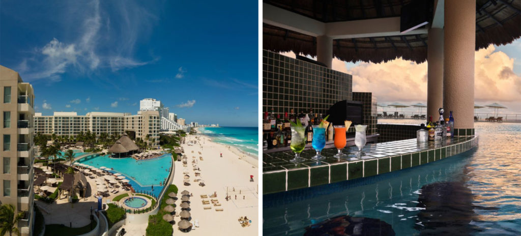 Shoreline and buildings at the The Westin Lagunamar Ocean Resort Villas & Spa Cancún (left) and swim up bar (right)
