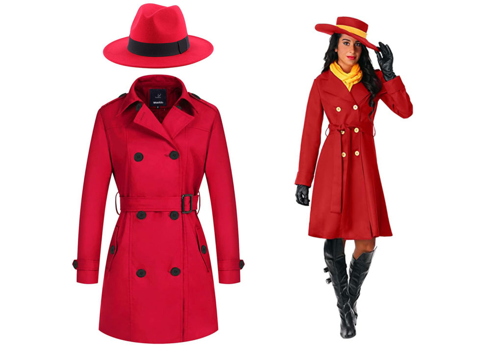 Elements of a Carmen Sandiego outfit (a red trench coat and red fedora hat) to the left and a woman wearing a full Carmen Sandiego costumer to the left