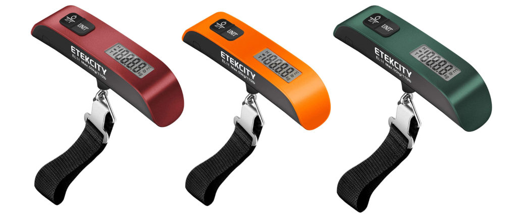 Three color options - red, orange, and green - of the Etekcity Luggage Scale