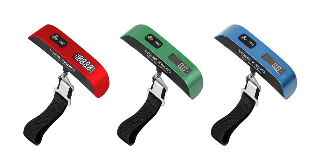 Three color options - red, green, and blue - of the Travel Inspira Luggage Scale