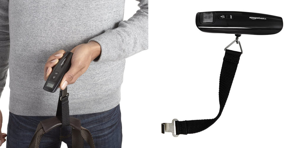 Close up of person using the AmazonBasics Luggage Weight Scale to weigh luggage (left) and standalone image of the AmazonBasics Luggage Weight Scale (right)
