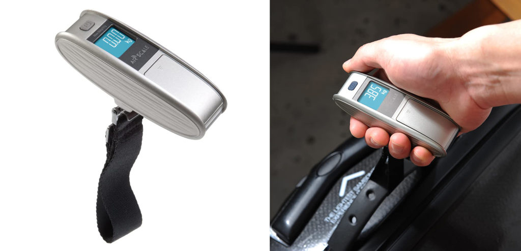 Standalone image of the Air Scale Luggage Scale (left) and close up of person using the scale to weigh luggage (right)
