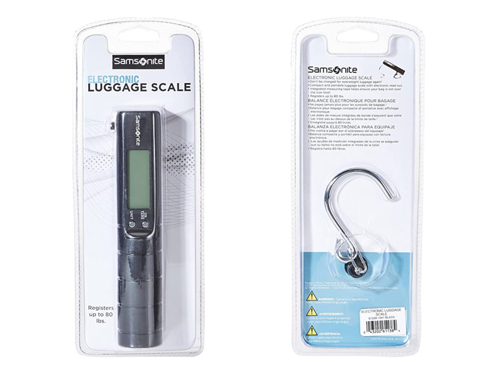 Front and back views of the Samsonite Electronic Scale in full packaging