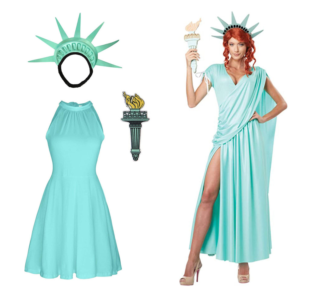 Teal dress and Statue of Liberty accessories (left) and a woman wearing a full Statue of Liberty gown and costume (right)