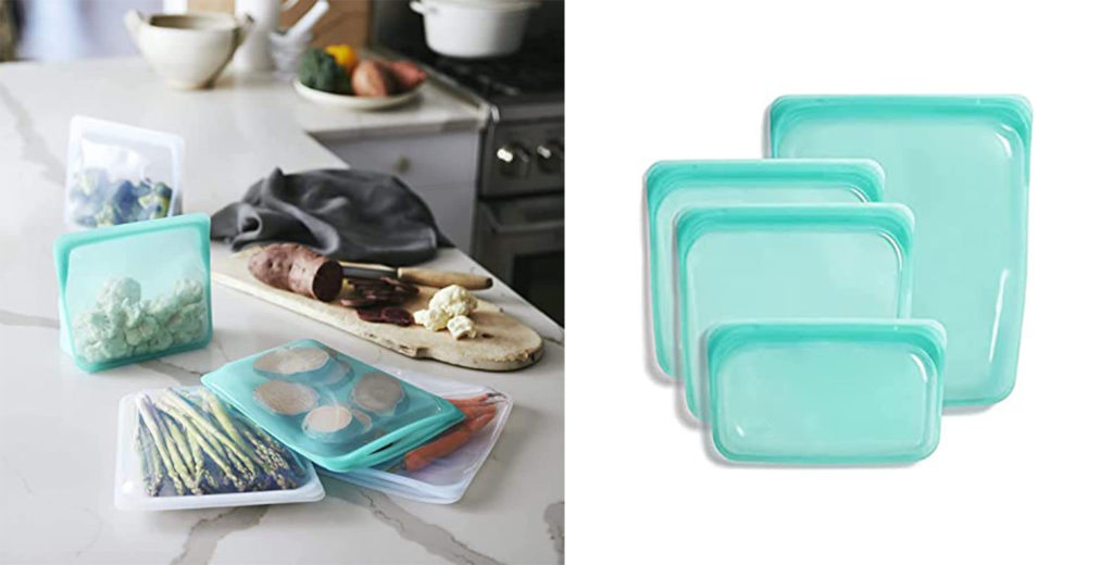 Stasher Silicone Reusable Storage Bags packed with snacks on a counter (left) and a set of Stasher Silicone Reusable Storage Bags (right)