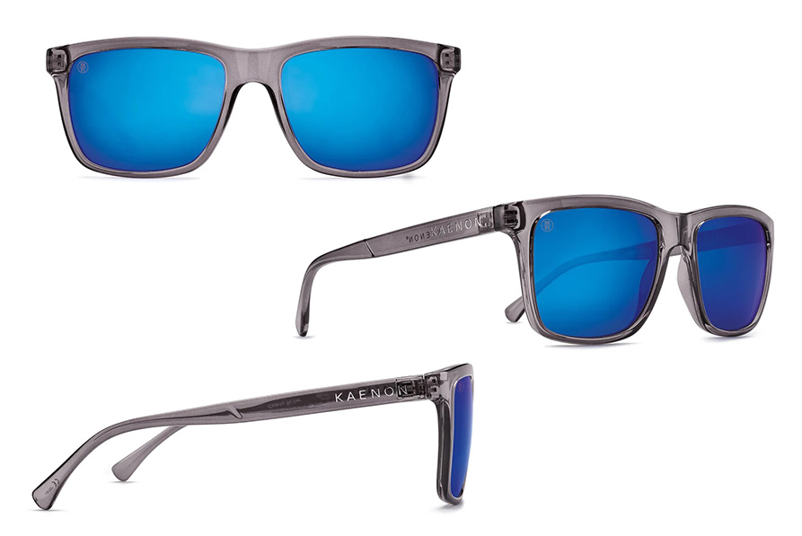 Three views of the Kaenon Venice Polarized Sunglasses with blue lenses