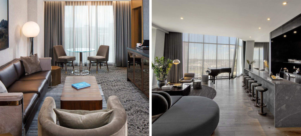 Luxury Suite seating area at The Joseph (left) and spacious bar area with piano overlooking the city through large windows (right)