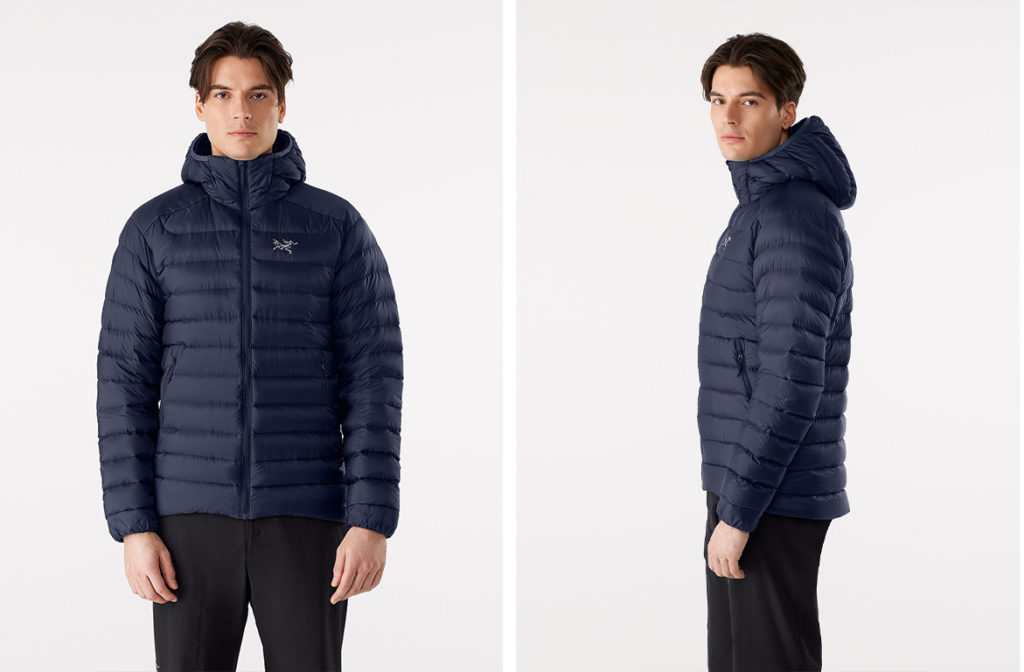 Model showing two angles of the Arc'teryx Men's Cerium LT Hoody in dark blue
