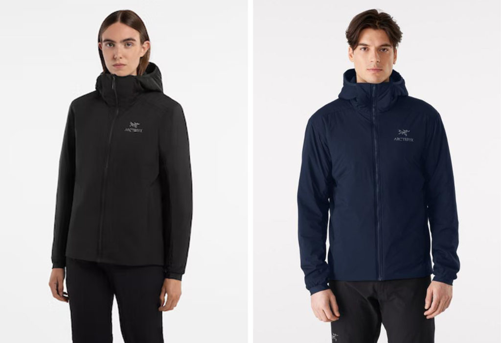 Models wearing the men's and women's sizes of Arcteryx's Atom LT Hoody