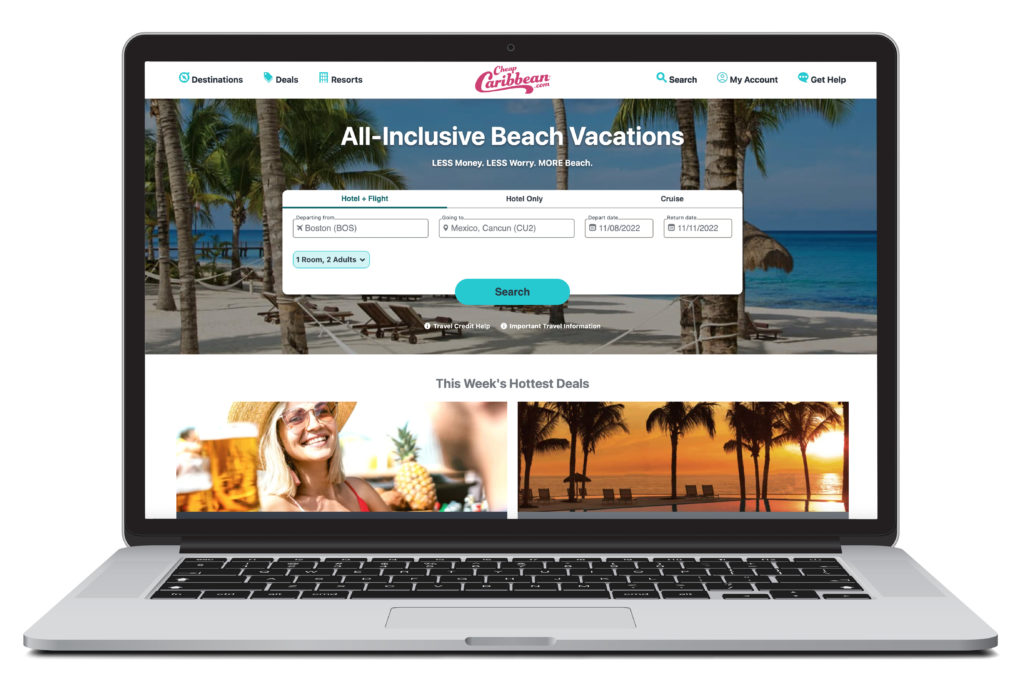 Laptop showing homepage of CheapCaribbean.com vacation packages booking site