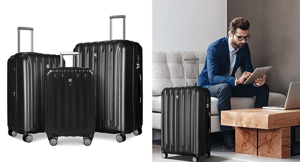 Three FOCHIER 3 Piece Expandable Luggage Set suitcases (left) and a man sitting in a waiting area reading a newspaper next to a single FOCHIER 3 Piece Expandable Luggage Set (right)