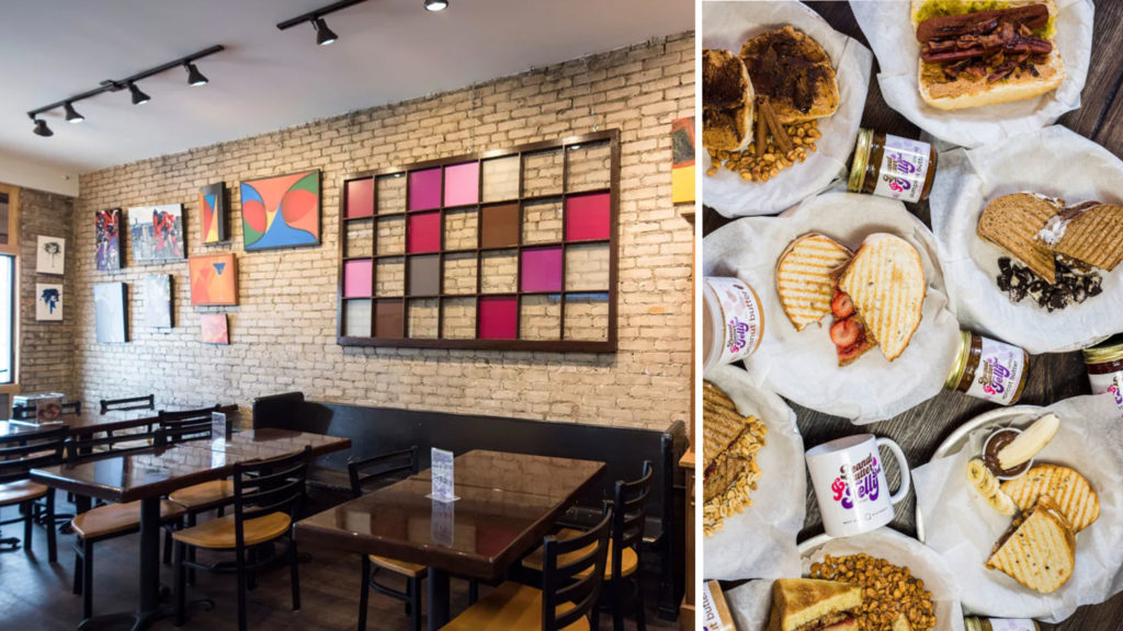 Interior of the PB&Jelly Deli (left) and a spread of sandwhiches and PB &Jelly Deli merch as seen from above (right)