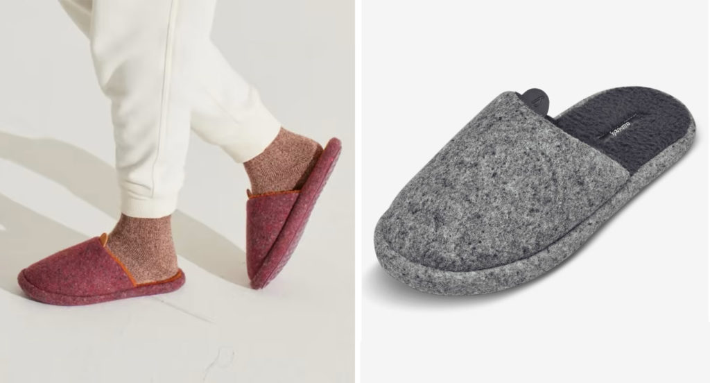 Close up of person wearing Allbirds Wool Dwellers (left) and close up of a single grey Allbirds Wool Dweller slipper (right)