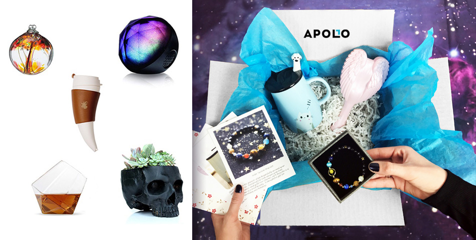 Items subscribers could potentially receive in the Apollo Surprise Box (left) and an aerial view of someone opening up an Apollo Surprise Box on a purple background