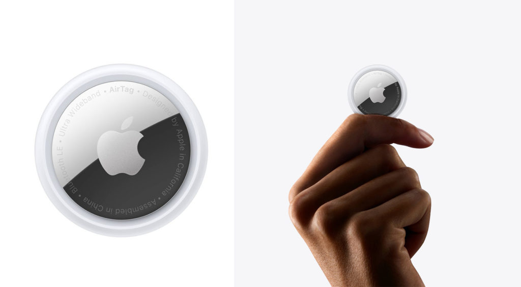 Apple Air Tag (left) and close up of person's hand holding the Apple Air Tag (right)